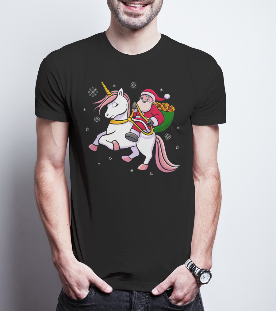 Santa Riding Unicorn With Presents For Cute Girls T-Shirt