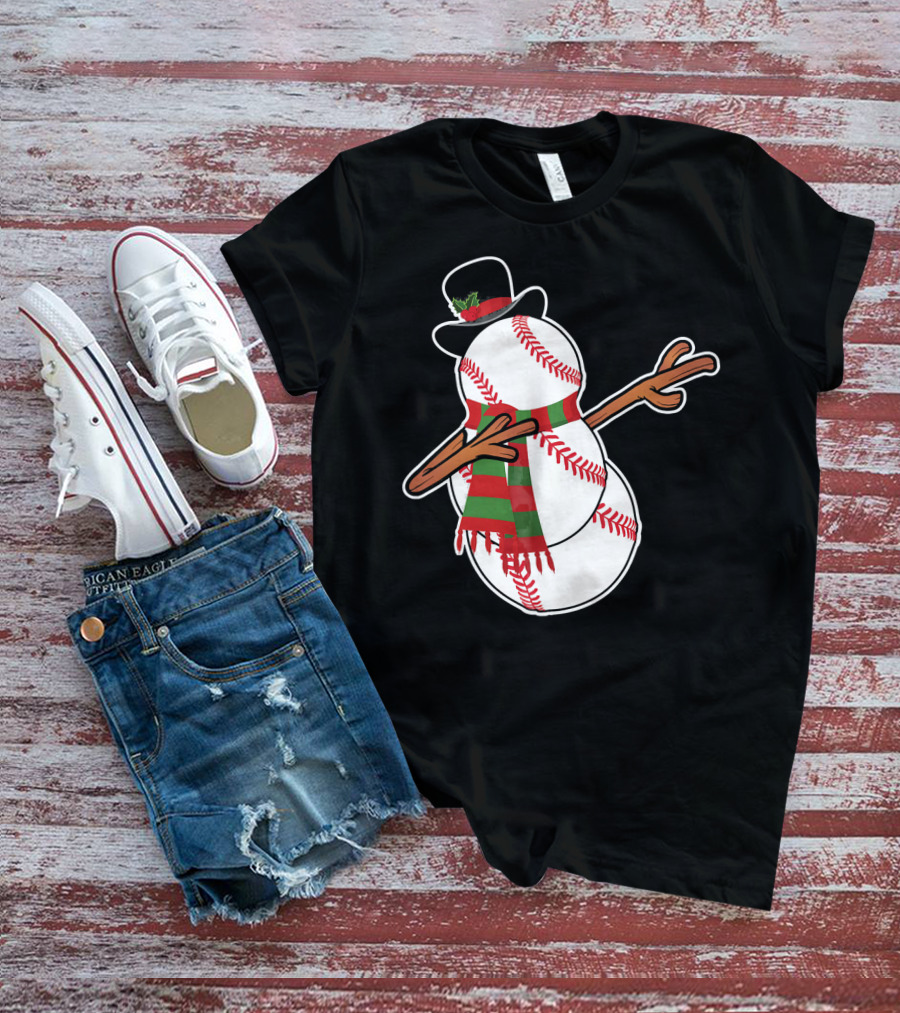 Dabbing Baseball Snowman In Top Hat With Festive Scarf T-Shirt