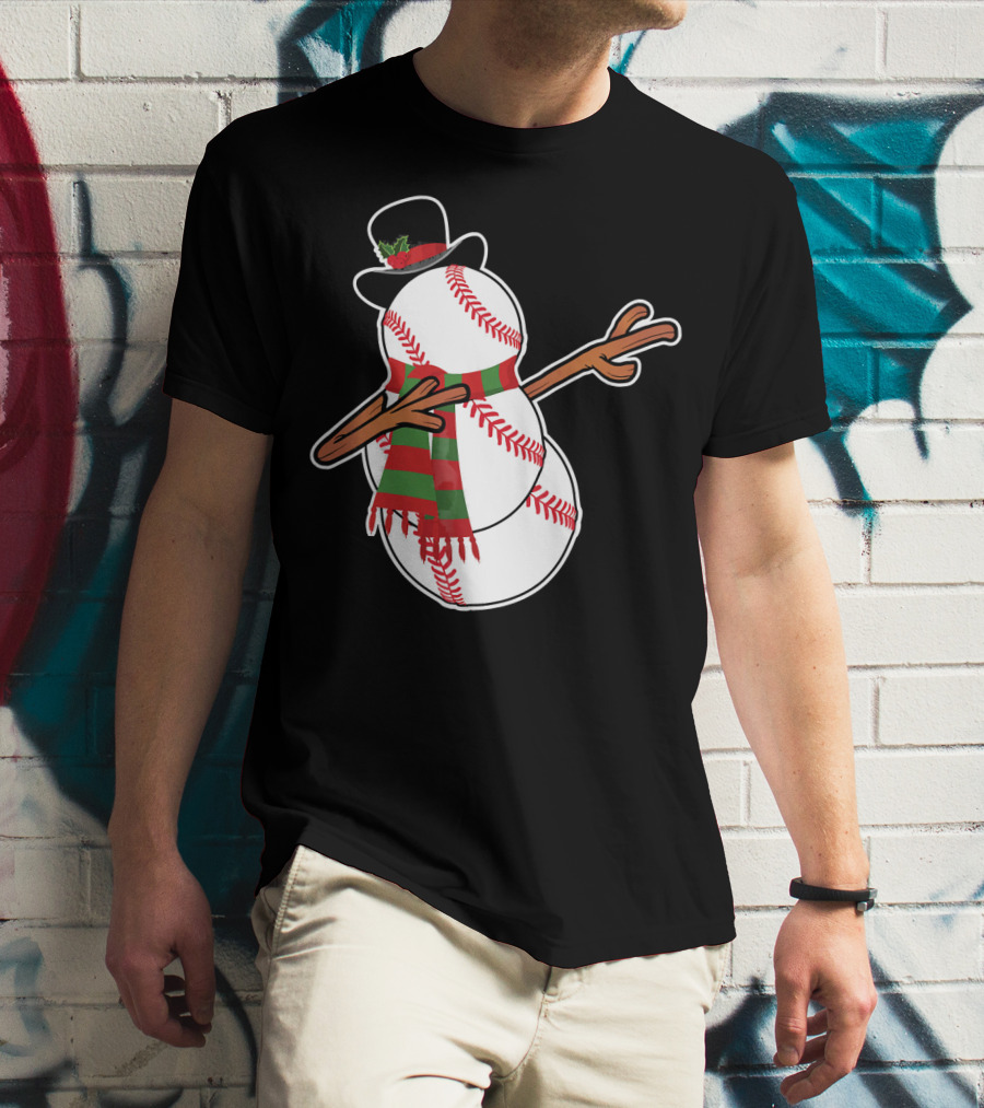 Dabbing Baseball Snowman In Top Hat With Festive Scarf T-Shirt