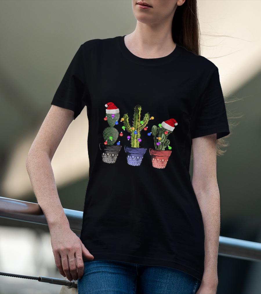 Cactus Christmas Lights Santa Hats Festive Holiday Decor T-Shirt