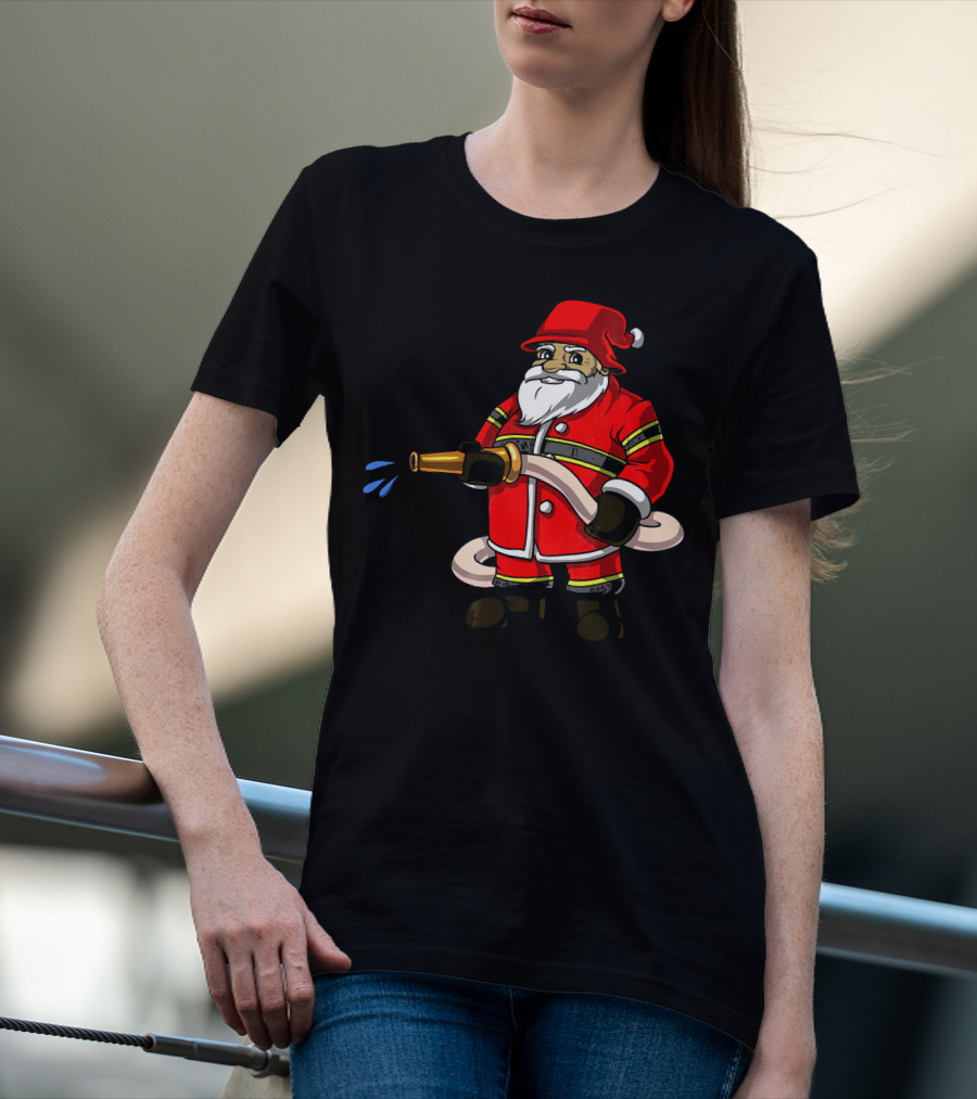 Santa Firefighter With Hose And Water Spray T-Shirt