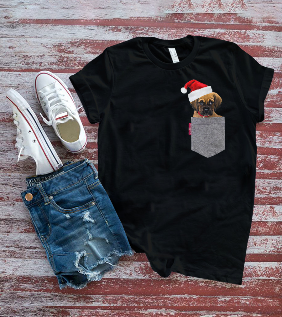 Puggle Puppy With Santa Hat In Gray Pocket Cute Beagle Pug T-Shirt