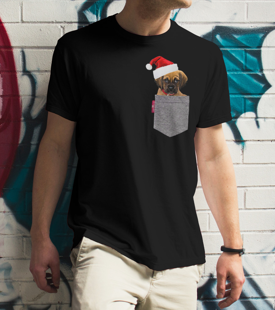 Puggle Puppy With Santa Hat In Gray Pocket Cute Beagle Pug T-Shirt