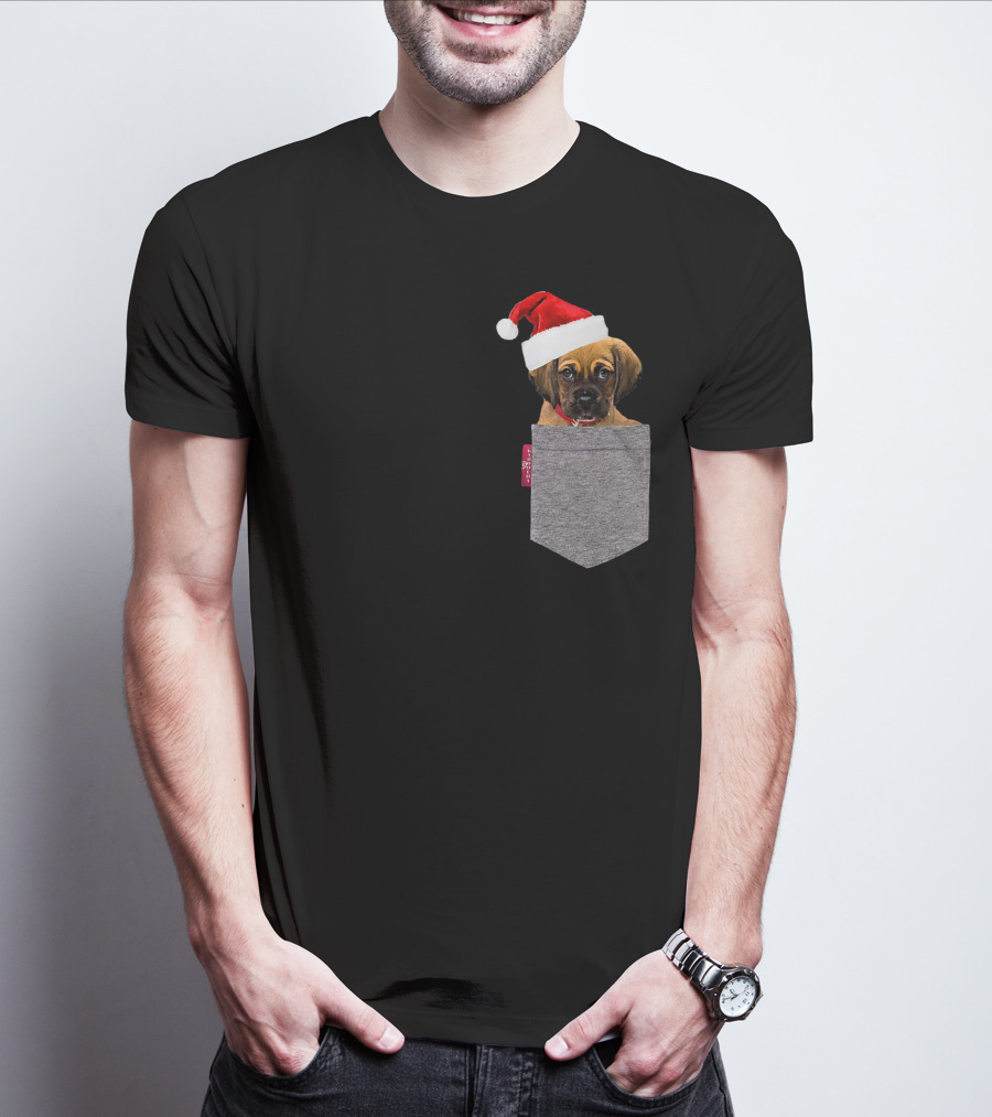 Puggle Puppy With Santa Hat In Gray Pocket Cute Beagle Pug T-Shirt