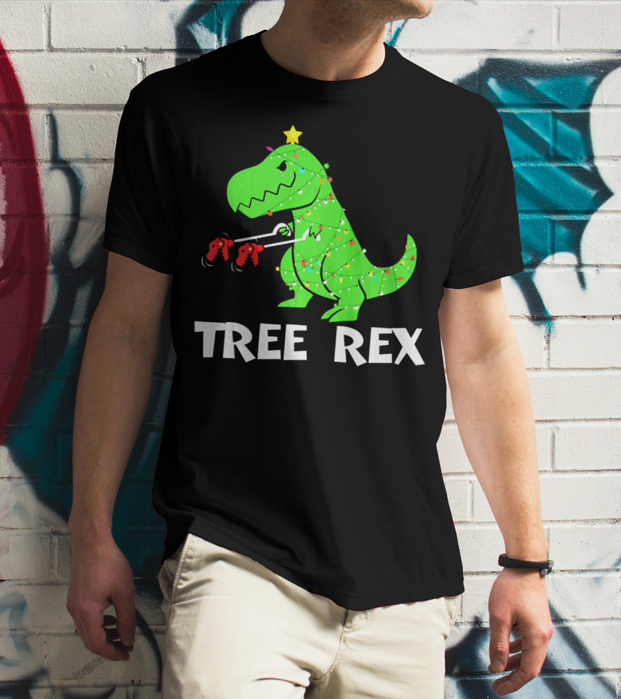 Tree Rex Funny Christmas Dinos Wrapped In Lights T-Shirt