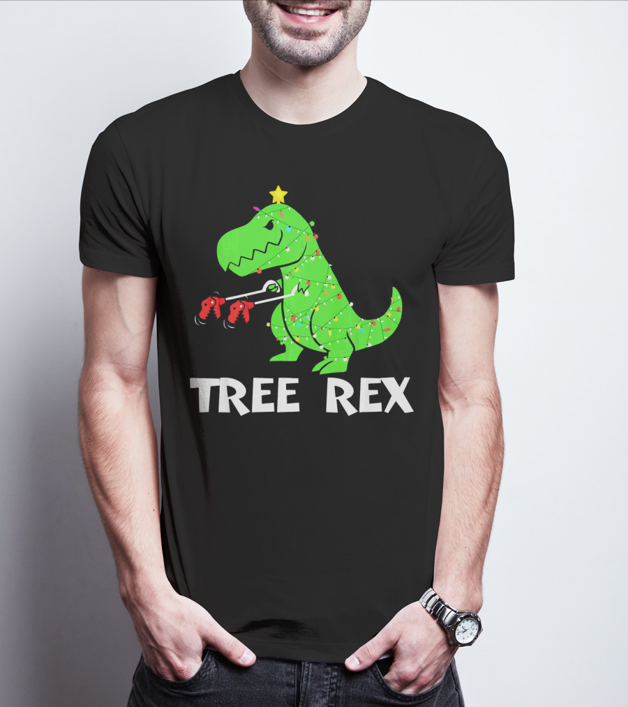 Tree Rex Funny Christmas Dinos Wrapped In Lights T-Shirt