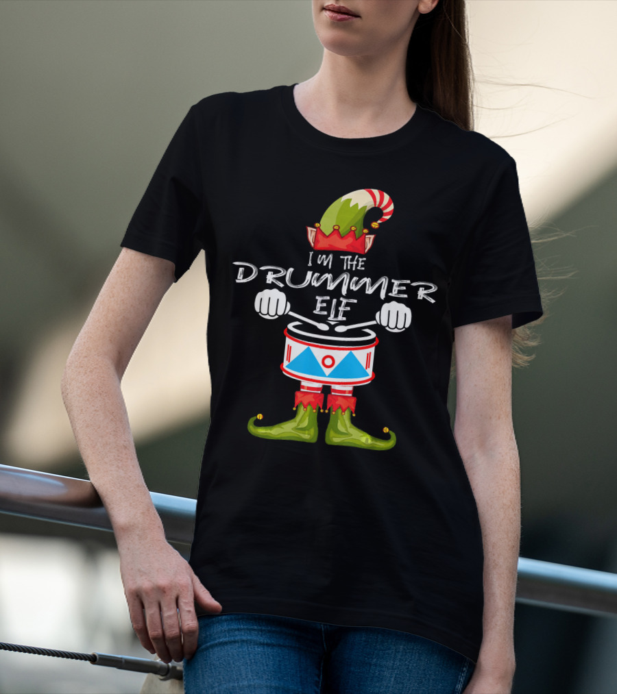 I'M THE DRUMMER ELF Christmas Hat Striped Candy Cane Elf Boots Drumsticks T-Shirt