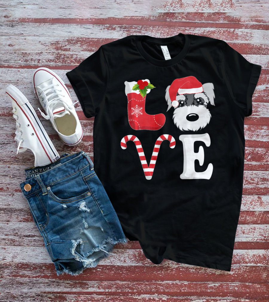 LOVE Miniature Schnauzer Santa Christmas Candy Cane T-Shirt