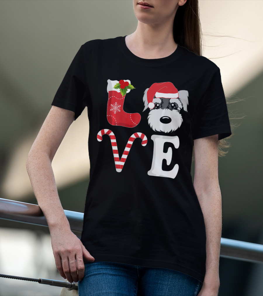 LOVE Miniature Schnauzer Santa Christmas Candy Cane T-Shirt