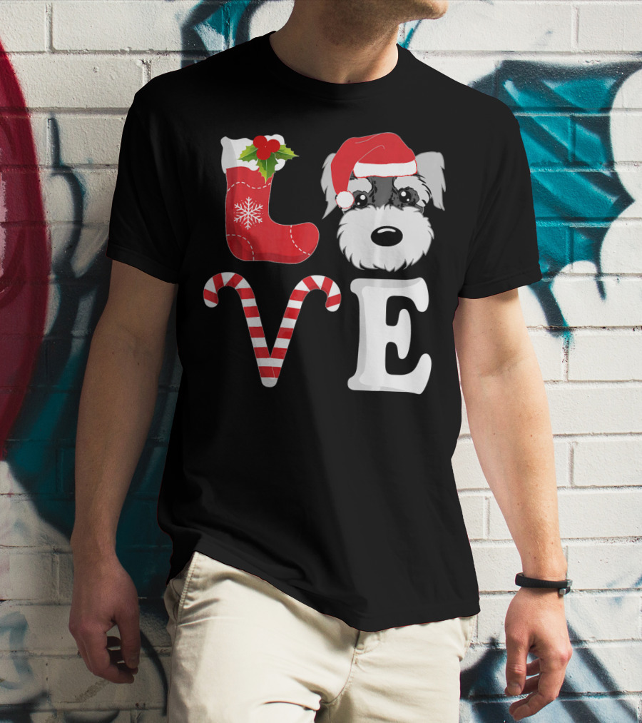 LOVE Miniature Schnauzer Santa Christmas Candy Cane T-Shirt