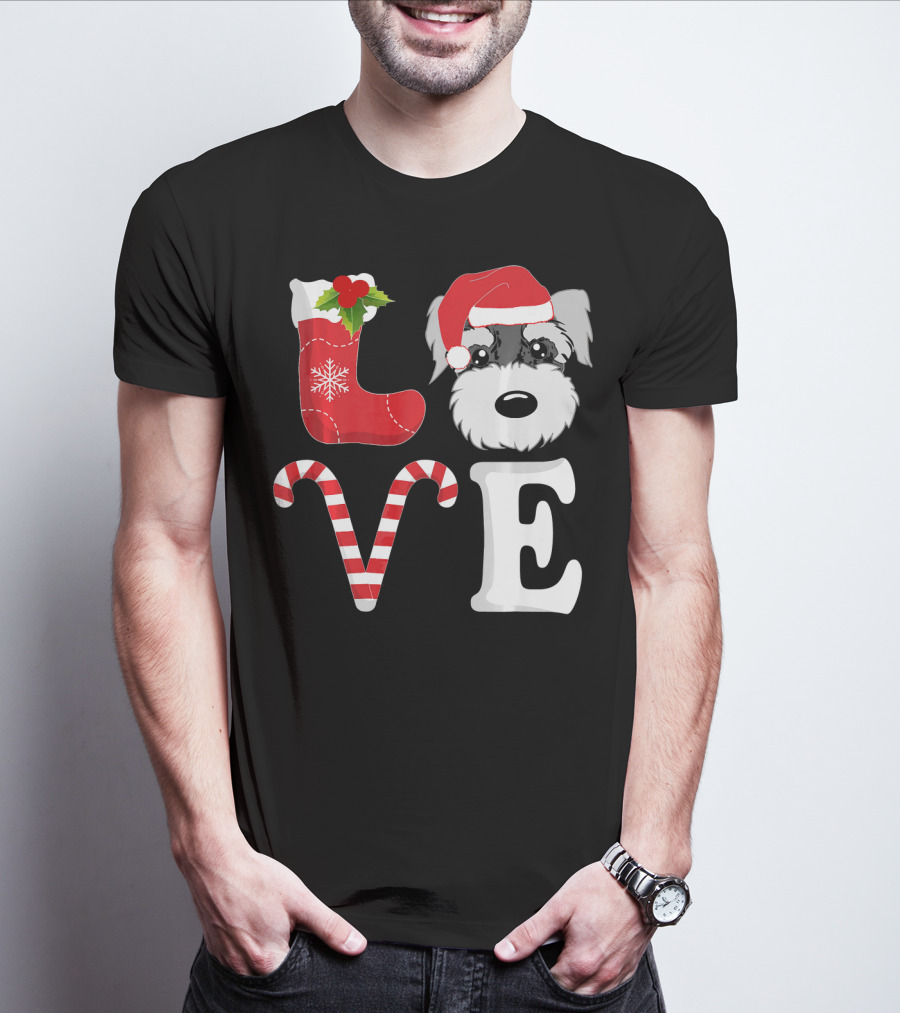 LOVE Miniature Schnauzer Santa Christmas Candy Cane T-Shirt
