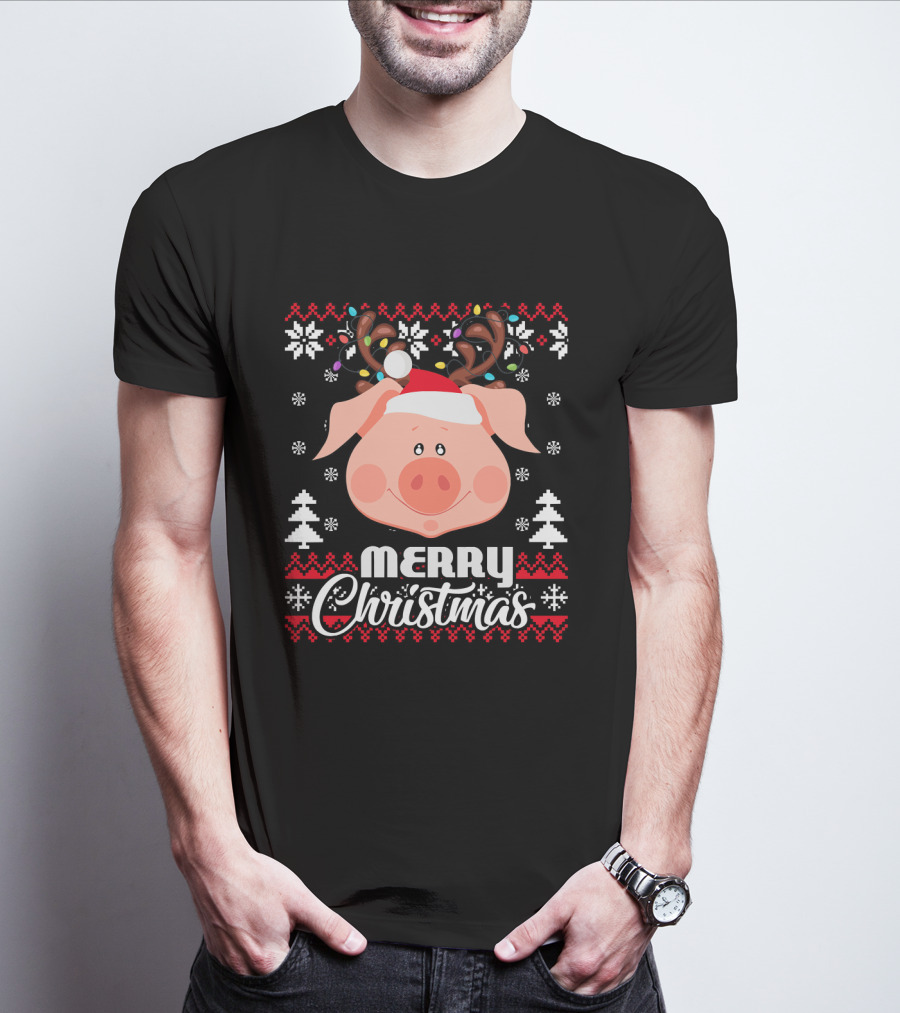 Merry Christmas Pig Santa Hat Antler Ugly T-Shirt