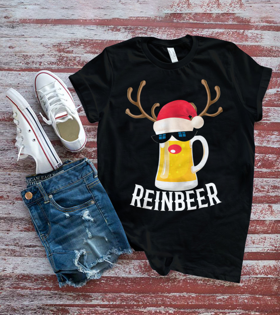 Reindeer Beer Christmas Funny Drinking Reinbeer Santa Hat T-Shirt