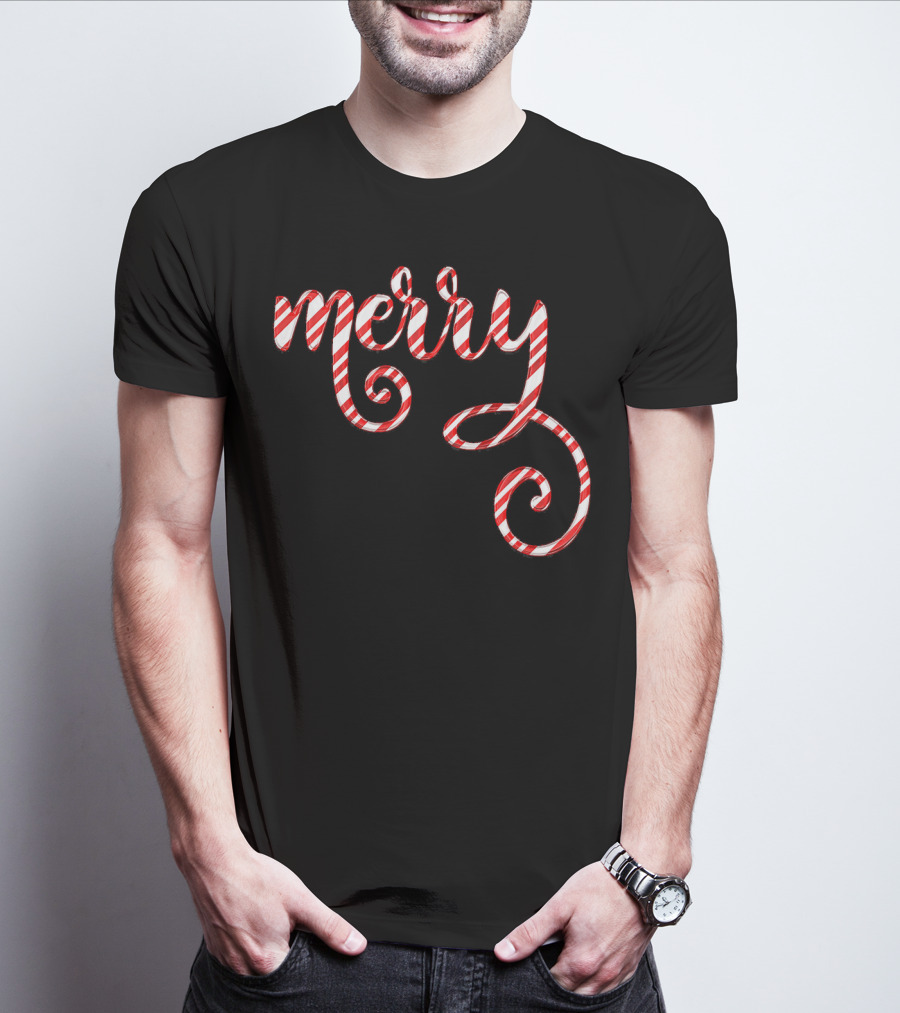 Merry Christmas Script Candy Cane Stripes T-Shirt