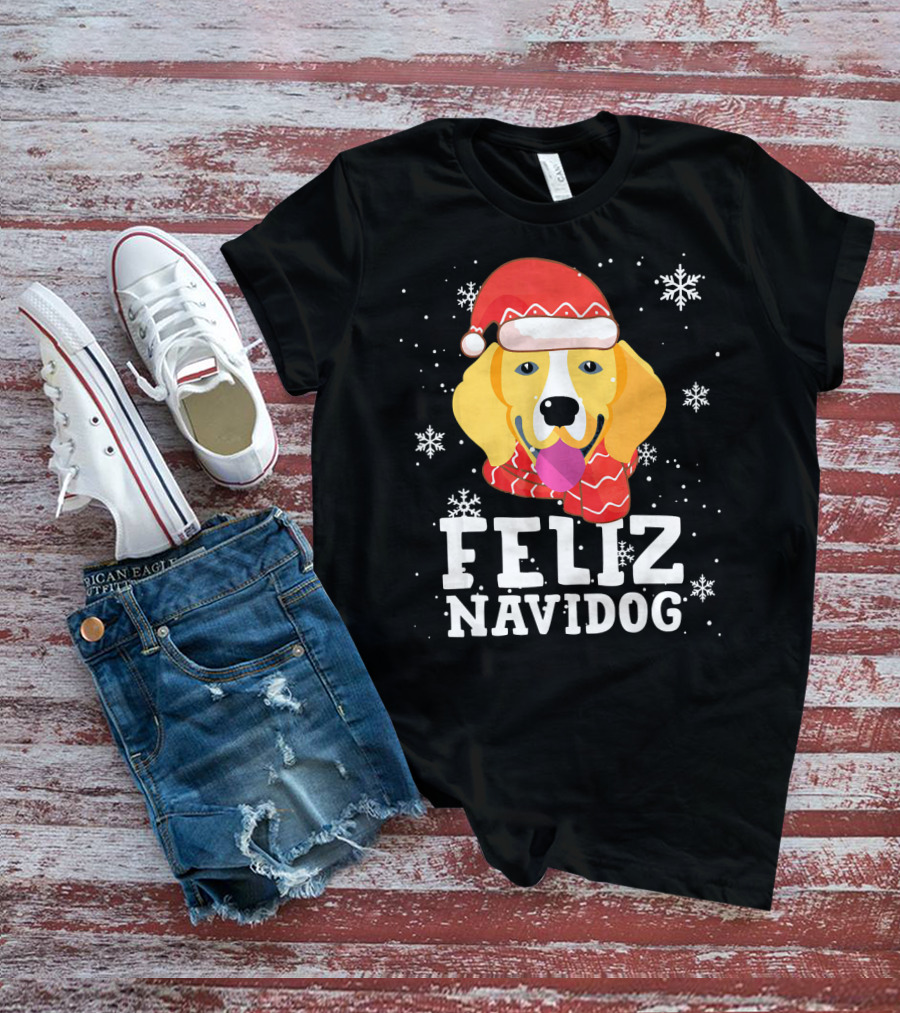 Feliz Navidog Beagle Dog Funny Christmas Snowflakes Santa Hat T-Shirt