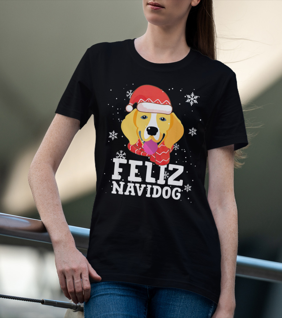 Feliz Navidog Beagle Dog Funny Christmas Snowflakes Santa Hat T-Shirt