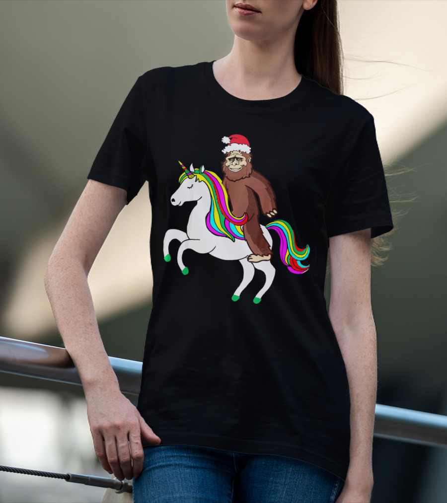 Bigfool Riding Unicorn With Santa Hat Rainbow Mane T-Shirt
