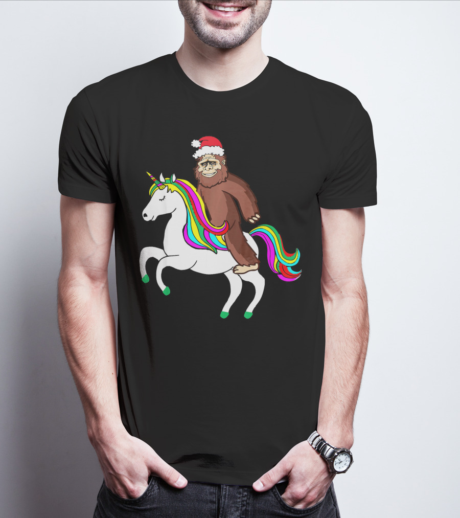 Bigfool Riding Unicorn With Santa Hat Rainbow Mane T-Shirt
