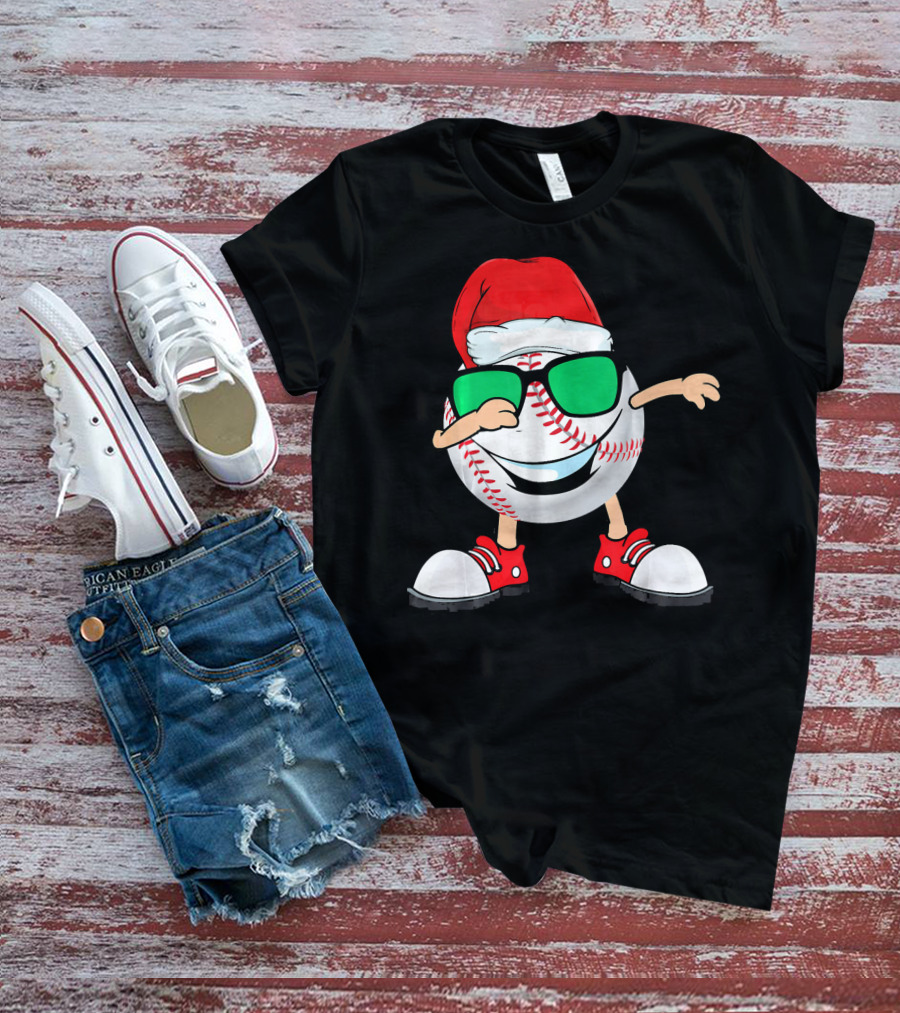 Dabbing Baseball With Santa Hat And Sunglasses T-Shirt