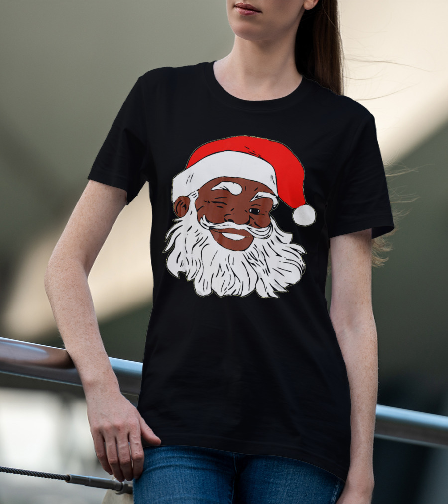 Black Santa Claus Winking In Red Hat T-Shirt