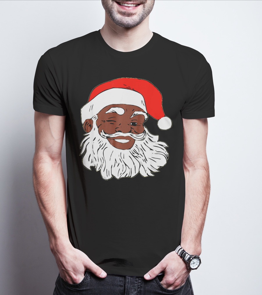 Black Santa Claus Winking In Red Hat T-Shirt