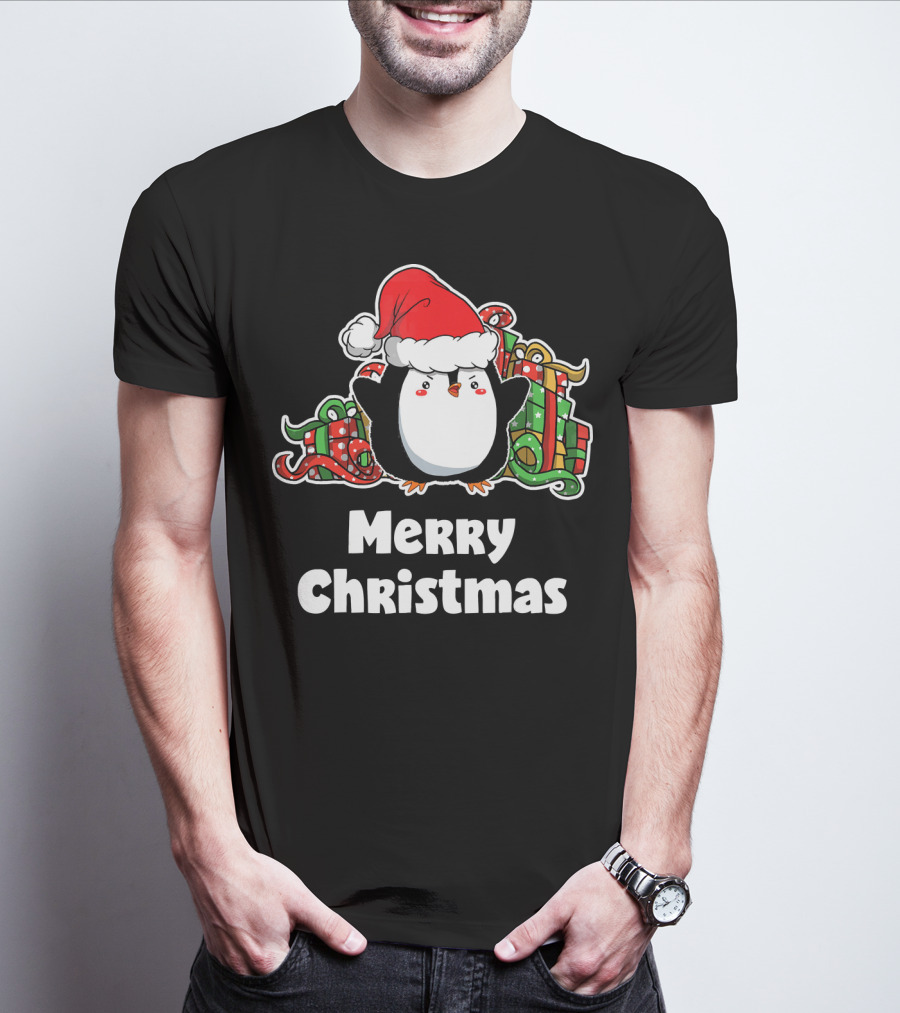 Merry Christmas Penguin Santa Hat Gift Wrapping T-Shirt
