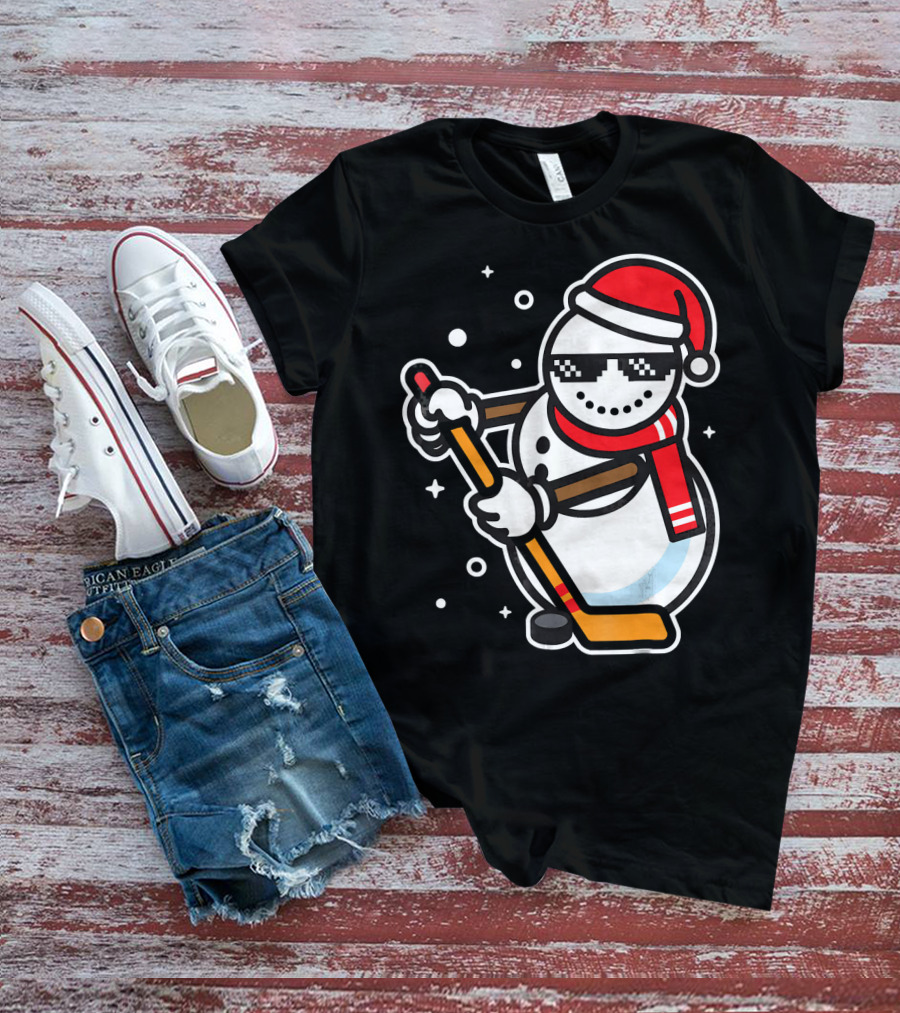 Ice Hockey Player Snowman Funny Boy Cool Nerd Santa T-Shirt