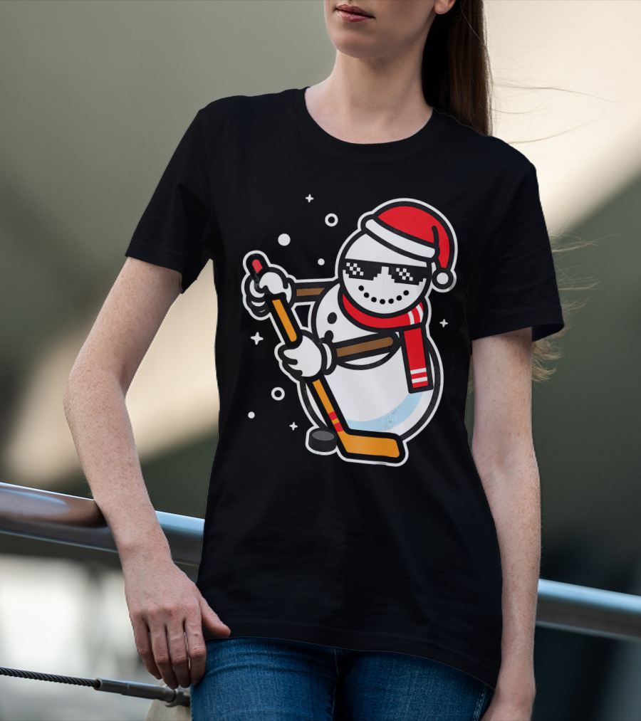 Ice Hockey Player Snowman Funny Boy Cool Nerd Santa T-Shirt