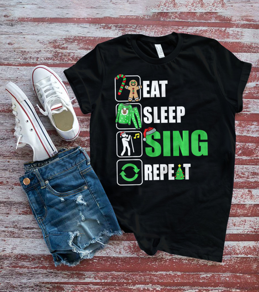 Eat Sleep Sing Repeat Christmas Sweater Singer Candy Cane Gingerbread Music Tree T-Shirt