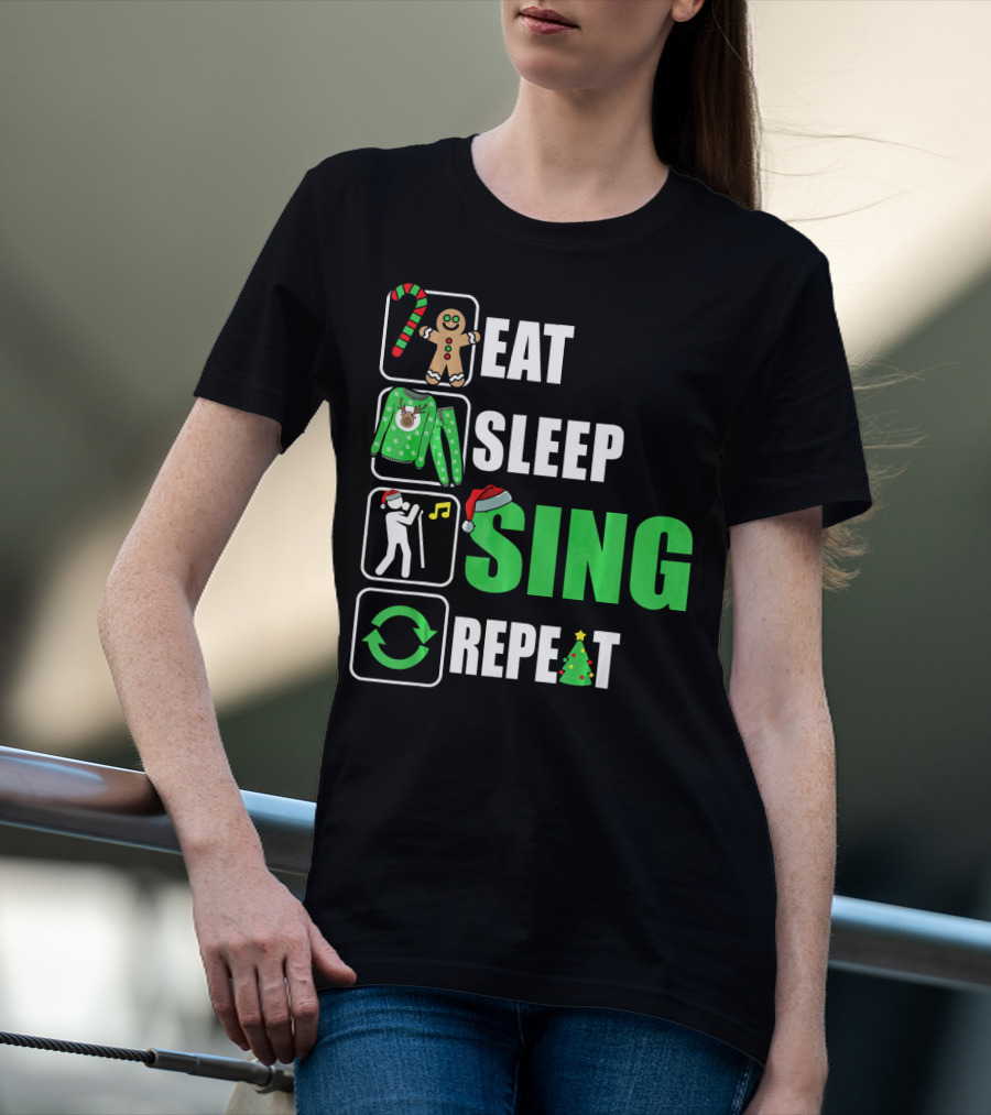 Eat Sleep Sing Repeat Christmas Sweater Singer Candy Cane Gingerbread Music Tree T-Shirt
