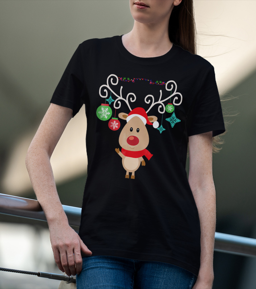 Santa Hat Rudolph Reindeer With Christmas Ornaments Red Nose T-Shirt
