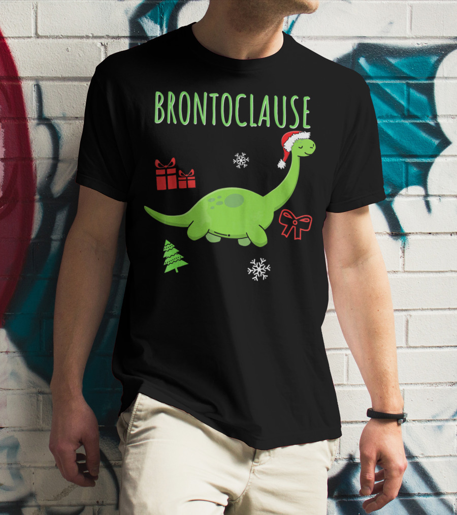 Brontoclause Christmas Dinosaur With Santa Hat And Holiday Gifts T-Shirt