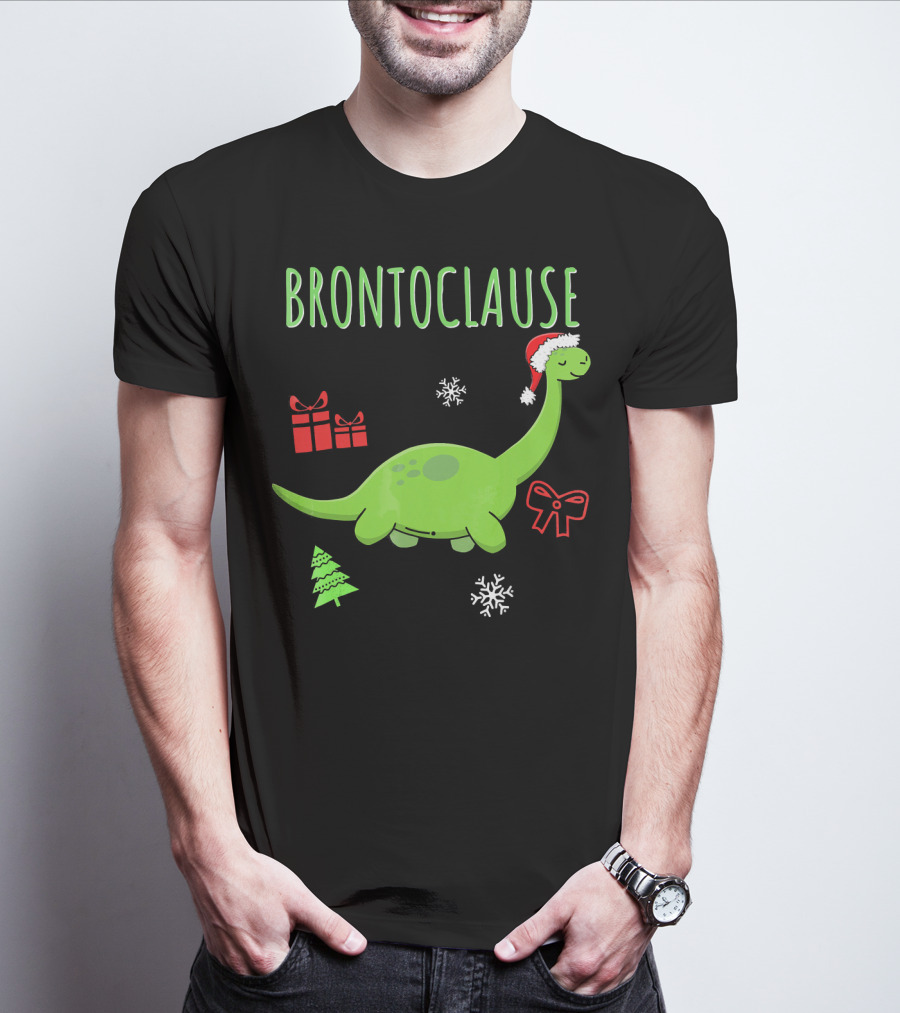 Brontoclause Christmas Dinosaur With Santa Hat And Holiday Gifts T-Shirt