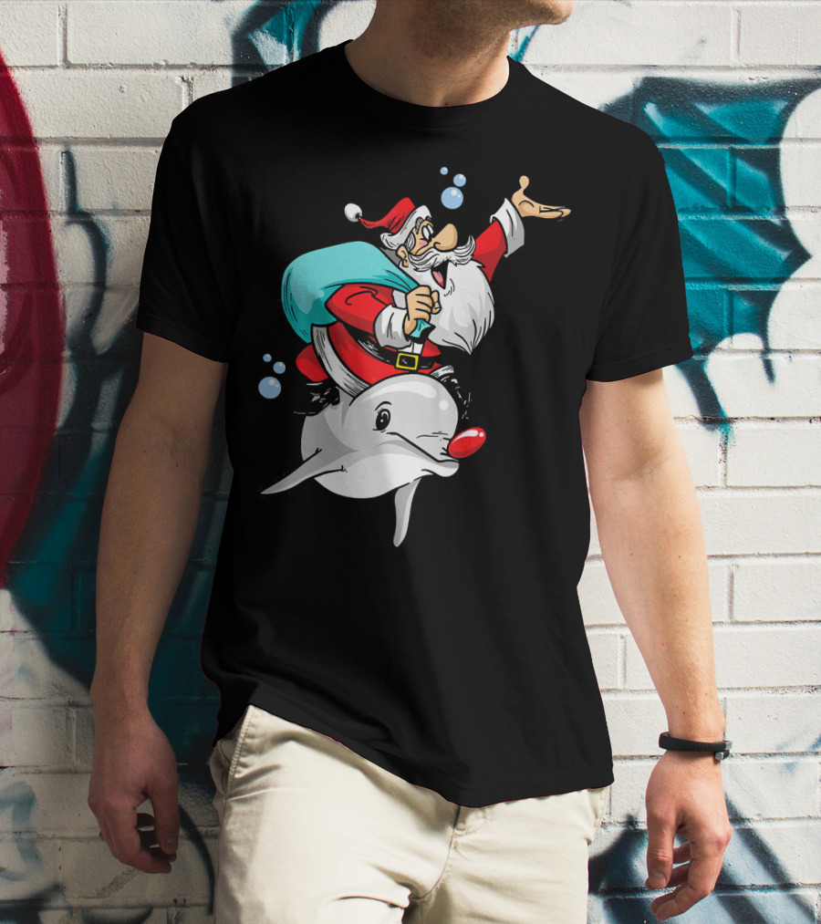 Christmas In July Santa Riding A Rudolph-Nosed Dolphin T-Shirt