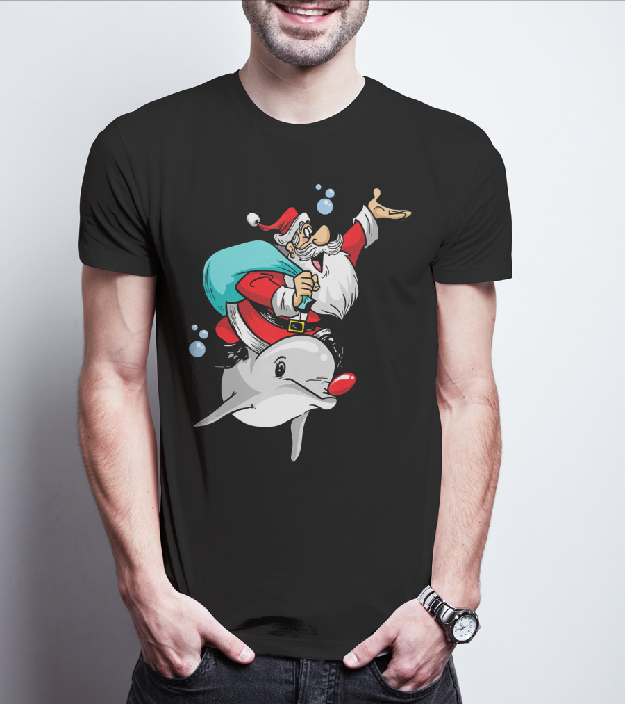Christmas In July Santa Riding A Rudolph-Nosed Dolphin T-Shirt