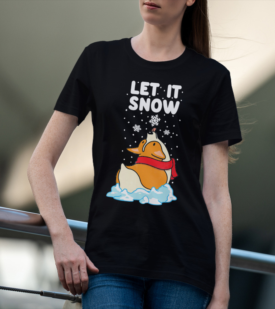 Let It Snow Corgi With Red Scarf In Snowfall T-Shirt