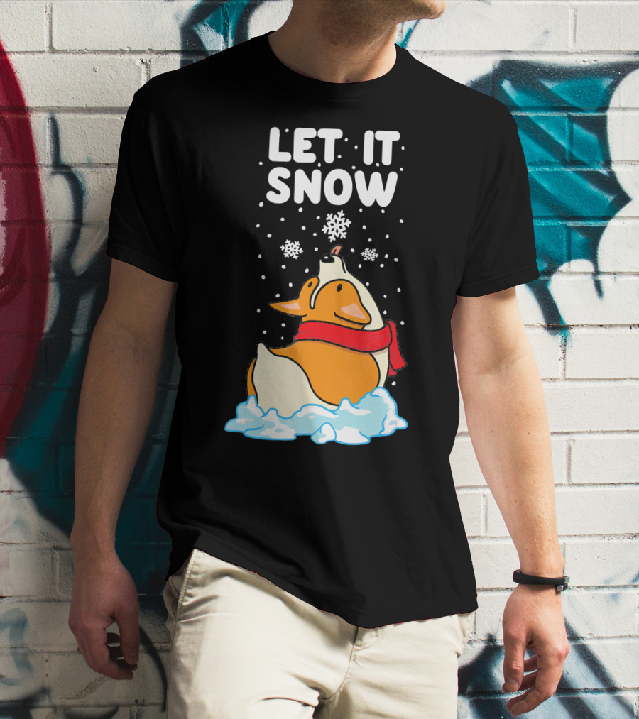 Let It Snow Corgi With Red Scarf In Snowfall T-Shirt