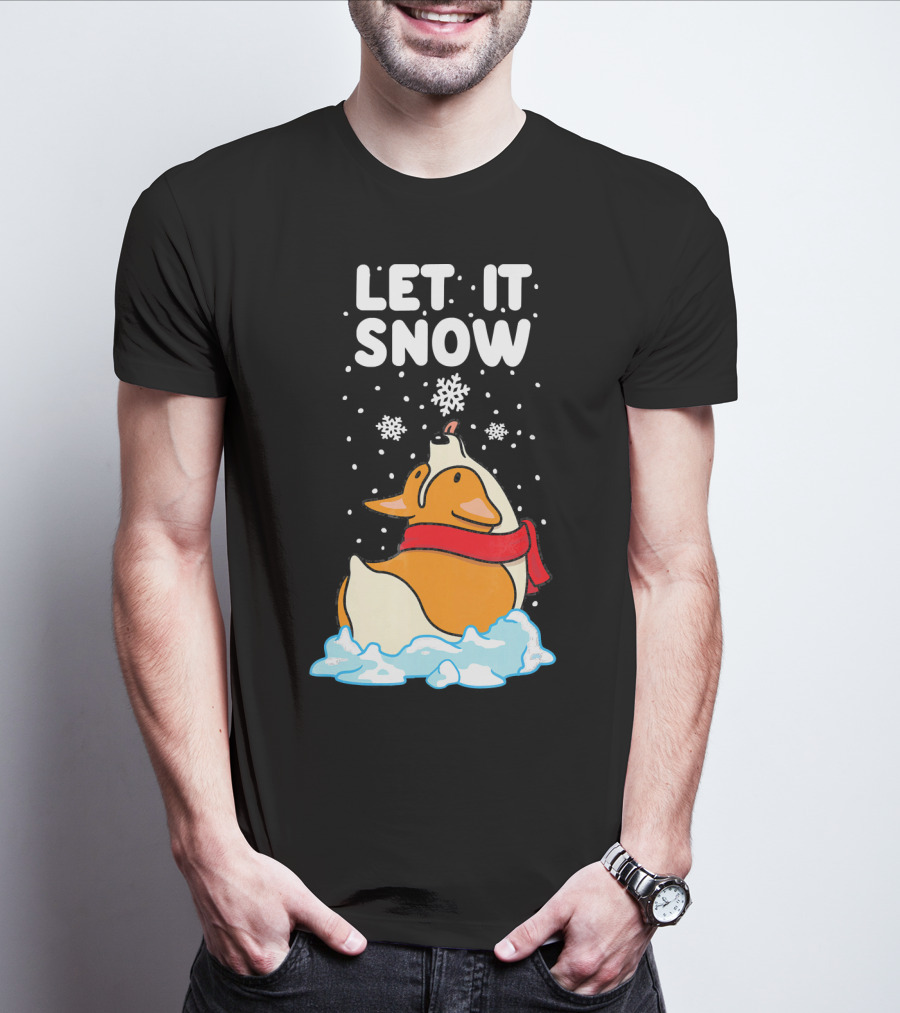 Let It Snow Corgi With Red Scarf In Snowfall T-Shirt