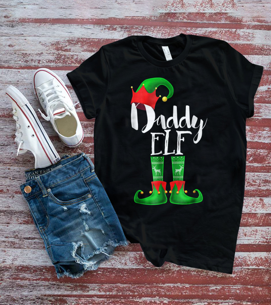 Daddy Elf Christmas Hat And Boots With Festive Green Socks T-Shirt