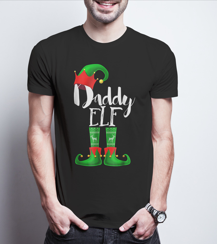 Daddy Elf Christmas Hat And Boots With Festive Green Socks T-Shirt