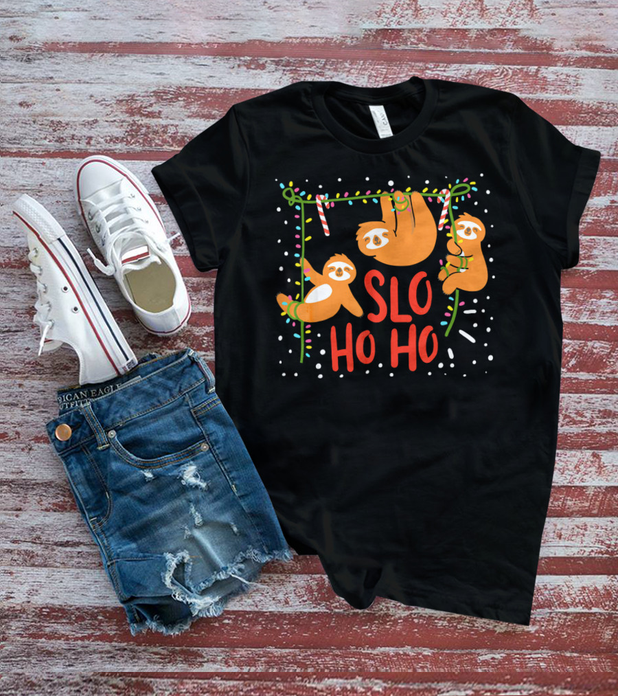 Slo Ho Ho Ho Christmas Sloth Hanging With Candy Cane And Lights T-Shirt