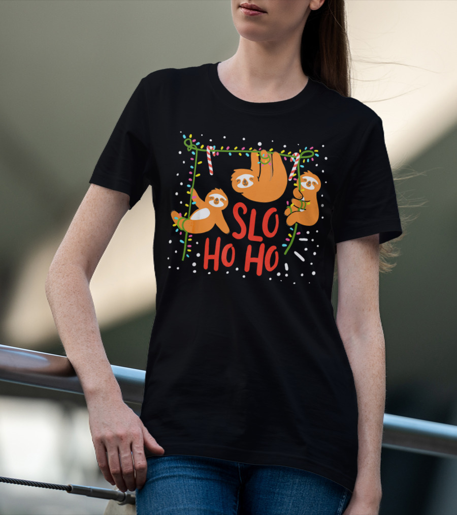 Slo Ho Ho Ho Christmas Sloth Hanging With Candy Cane And Lights T-Shirt