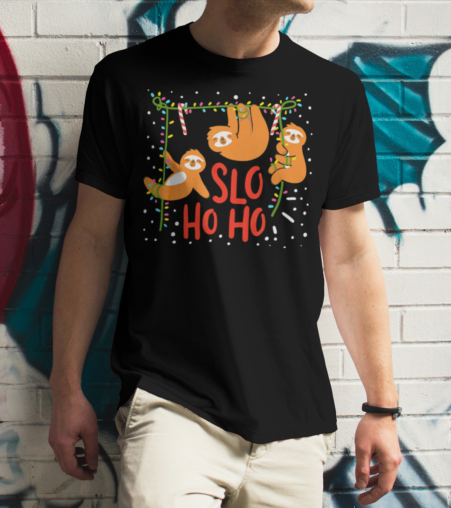 Slo Ho Ho Ho Christmas Sloth Hanging With Candy Cane And Lights T-Shirt