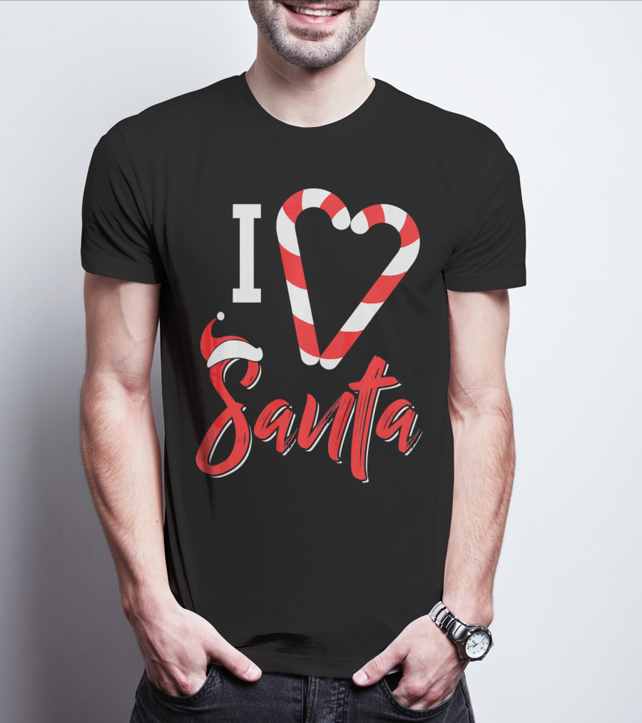 Christmas I Love Santa Candy Cane Heart With Santa Hat T-Shirt
