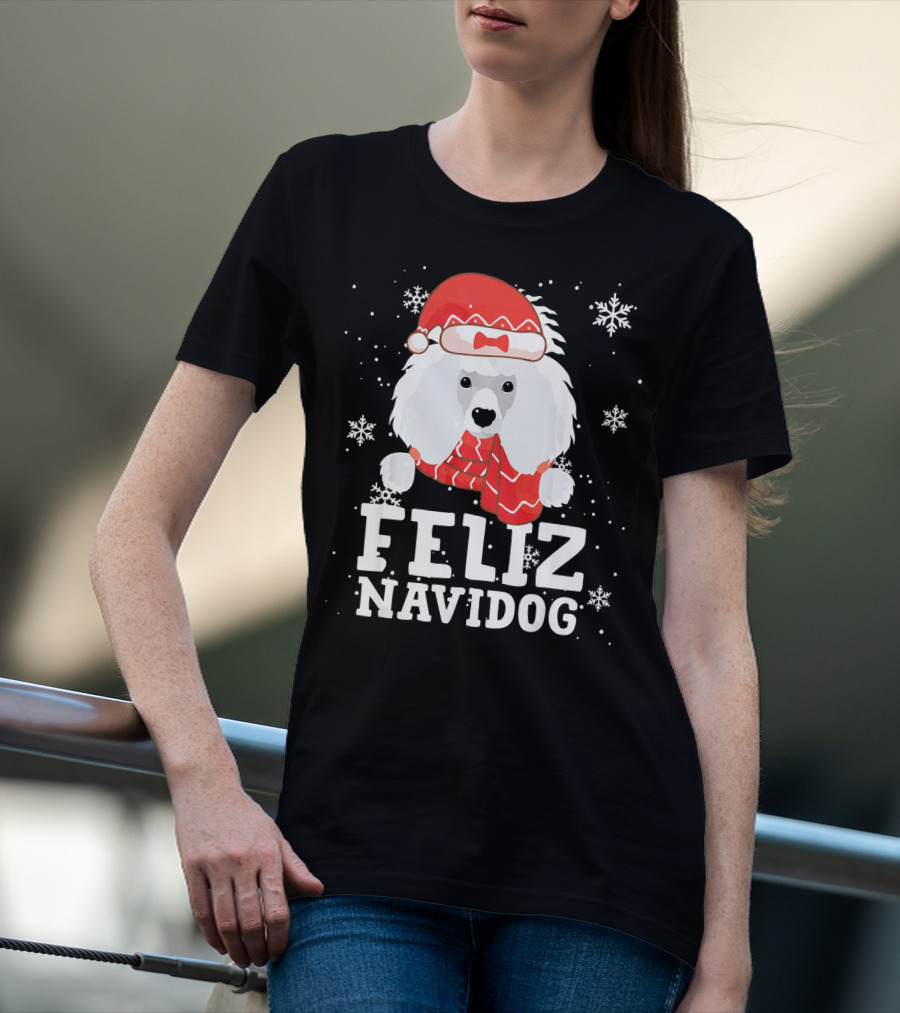 Feliz Navidog Poodle Dog Snowflakes Santa Hat Red Scarf T-Shirt