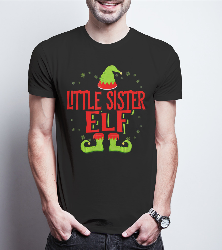 Little Sister Elf Christmas Hat And Shoes T-Shirt