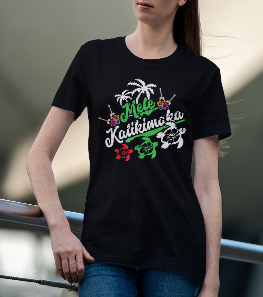 Mele Kalikimaka Hawaiian Turtles Palm Trees Flowers T-Shirt