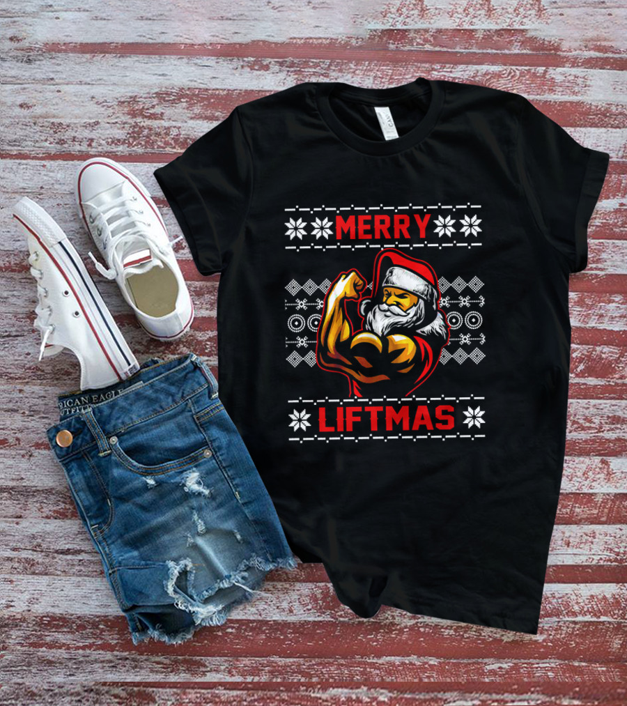 Merry Liftmas Ugly ChristmasGym Santa Claus Muscles Flexing Festive Snowflakes T-Shirt