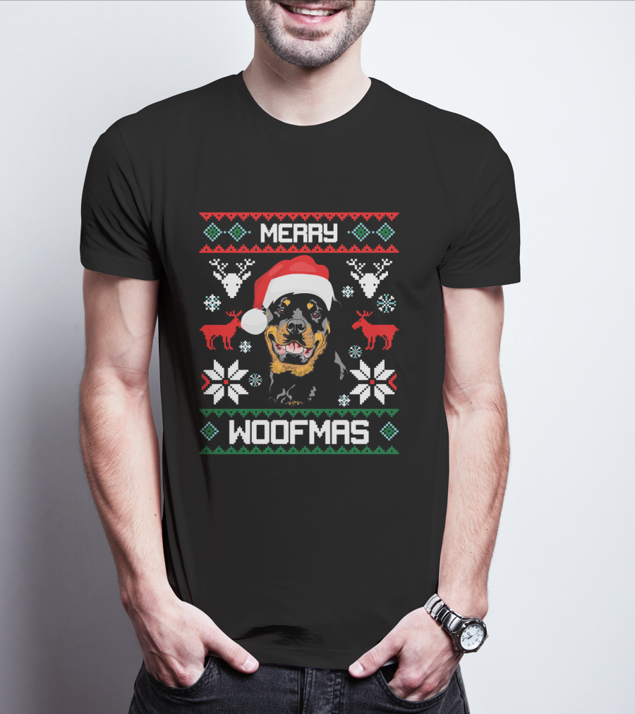 Rottweiler Merry Woofmas Santa Hat Reindeer Ugly Christmas T-Shirt