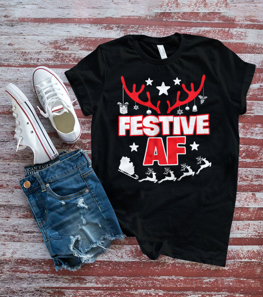 Festive AF Antlers Reindeer Stars Christmas Sled T-Shirt
